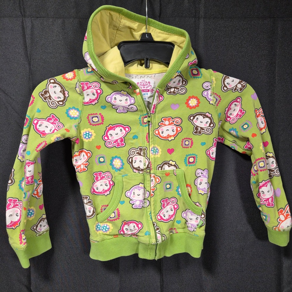 The Children's Place Green Monkey Print Hoodie Kids 4T Full Zip Graphic